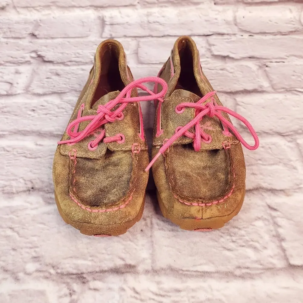 Youth Twisted boots driving bomber moc pink leather shoes size 1 (3t)